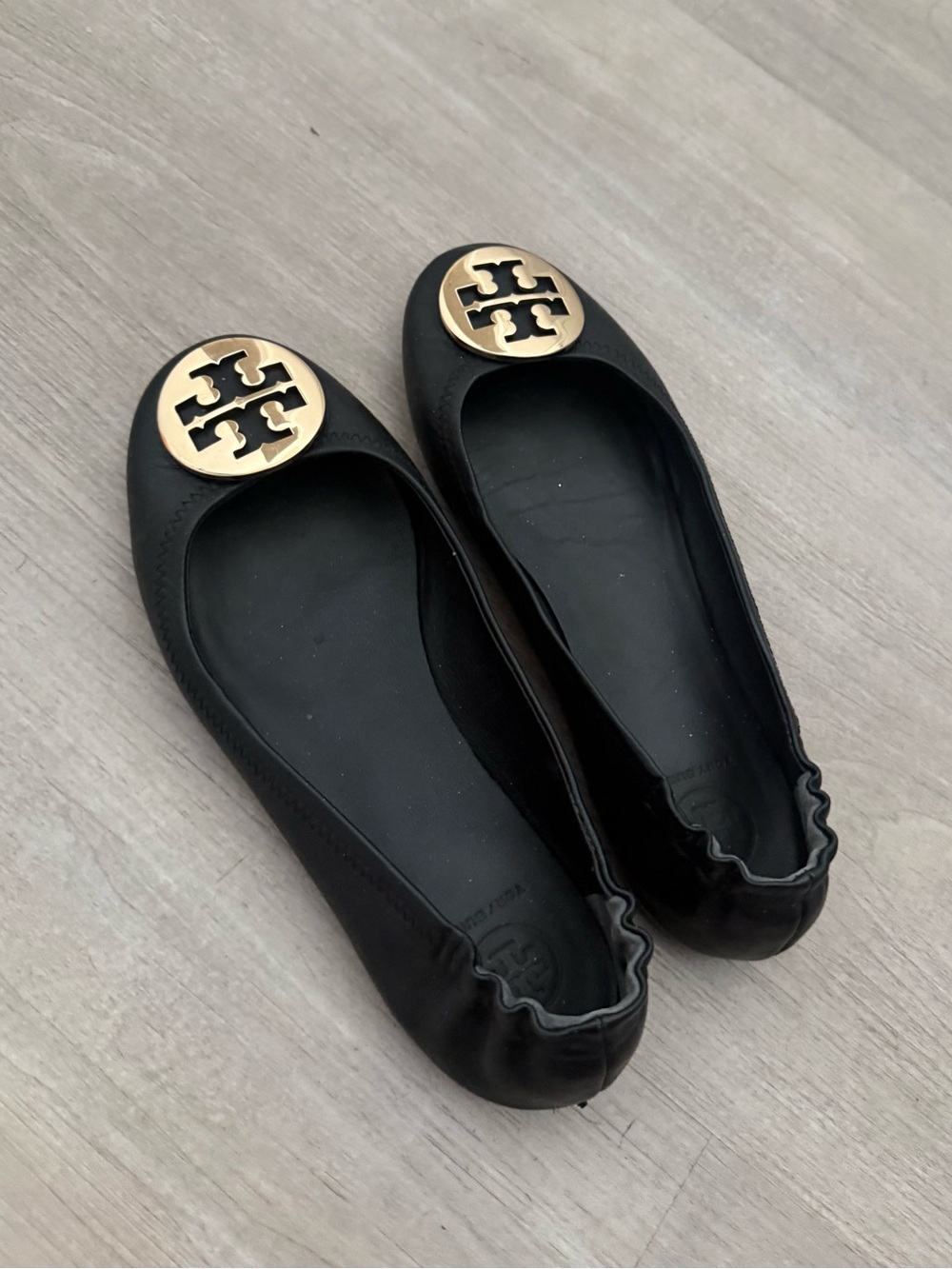 Tory Burch Black Leather Logo Cap-Toe Ballet Flats with Gold Medallion
